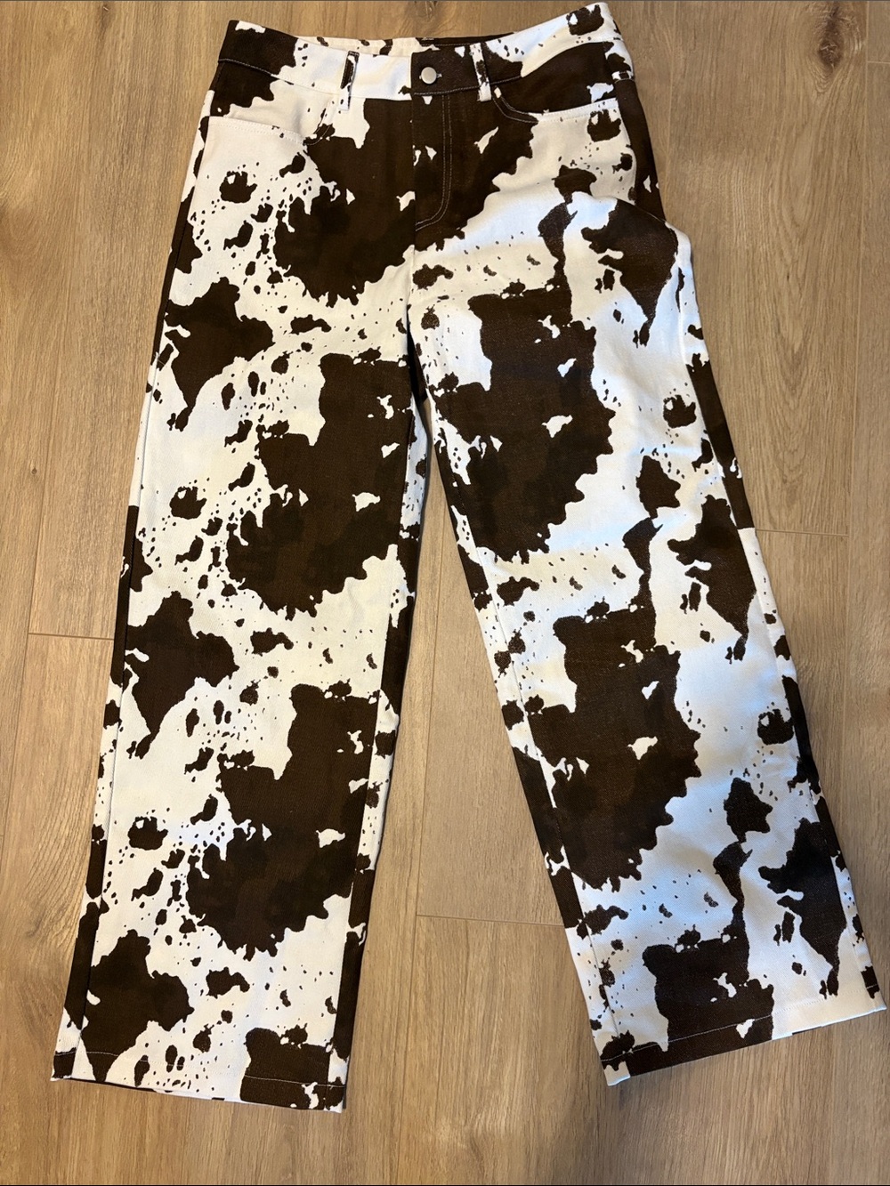 Final price $10 SHEIN Black & White Cow Print Wide-Leg Pants small. Never worn